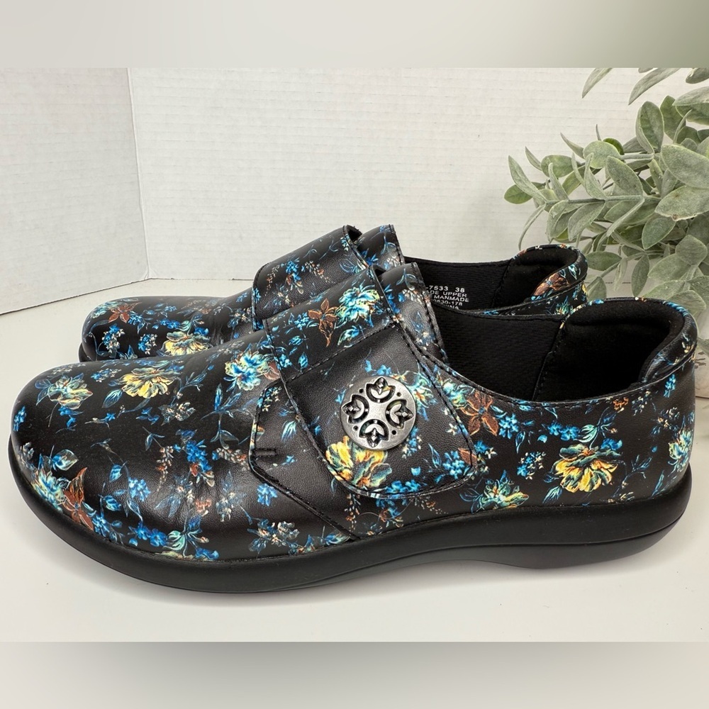 Alegria Black Floral Leather Clogs with Blue & Yellow Accents